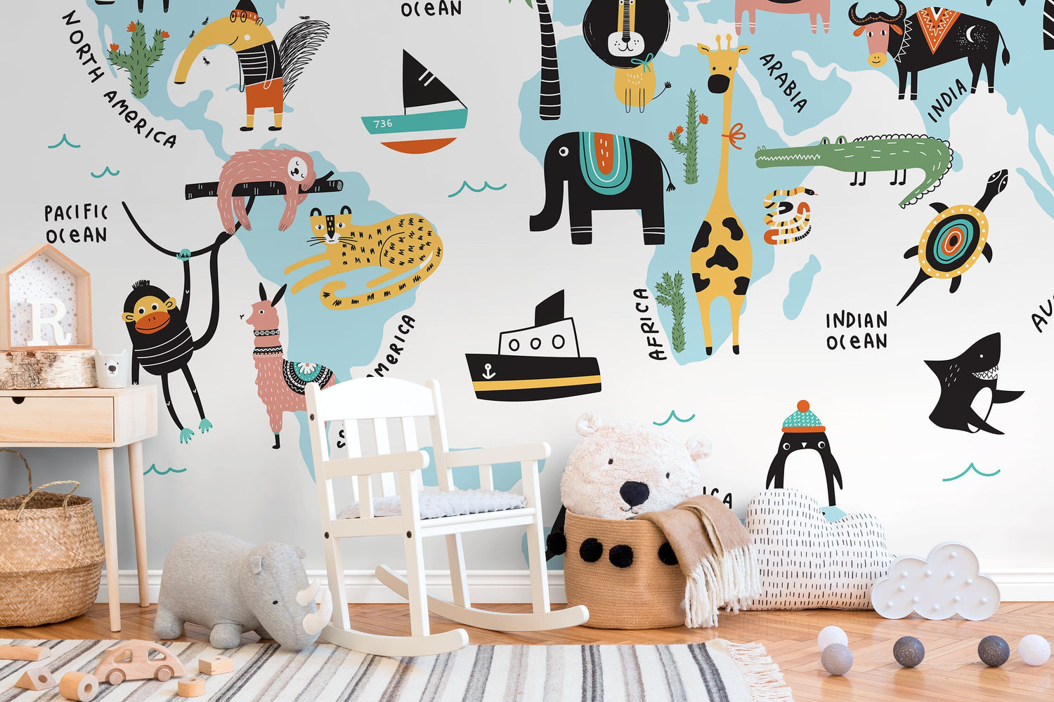 Animals World Map Wallpaper / Peel and Stick Wallpaper Removable Wallpaper Home Decor Wall Art Wall Decor Room Decor - D491