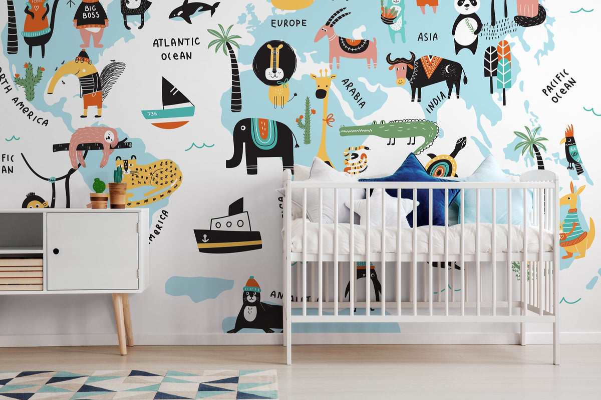 Animals World Map Wallpaper / Peel and Stick Wallpaper Removable Wallpaper Home Decor Wall Art Wall Decor Room Decor - D491