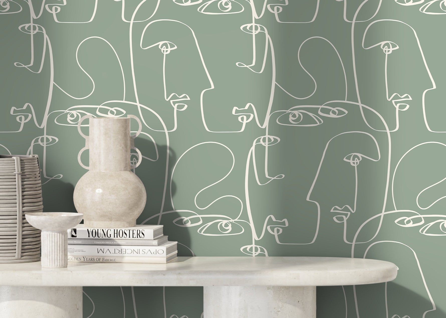 Green Face Art Line Wallpaper / Peel and Stick Wallpaper Removable Wallpaper Home Decor Wall Art Wall Decor Room Decor - D493