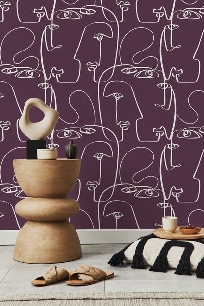 Purple Face Art Line Wallpaper / Peel and Stick Wallpaper Removable Wallpaper Home Decor Wall Art Wall Decor Room Decor - D495