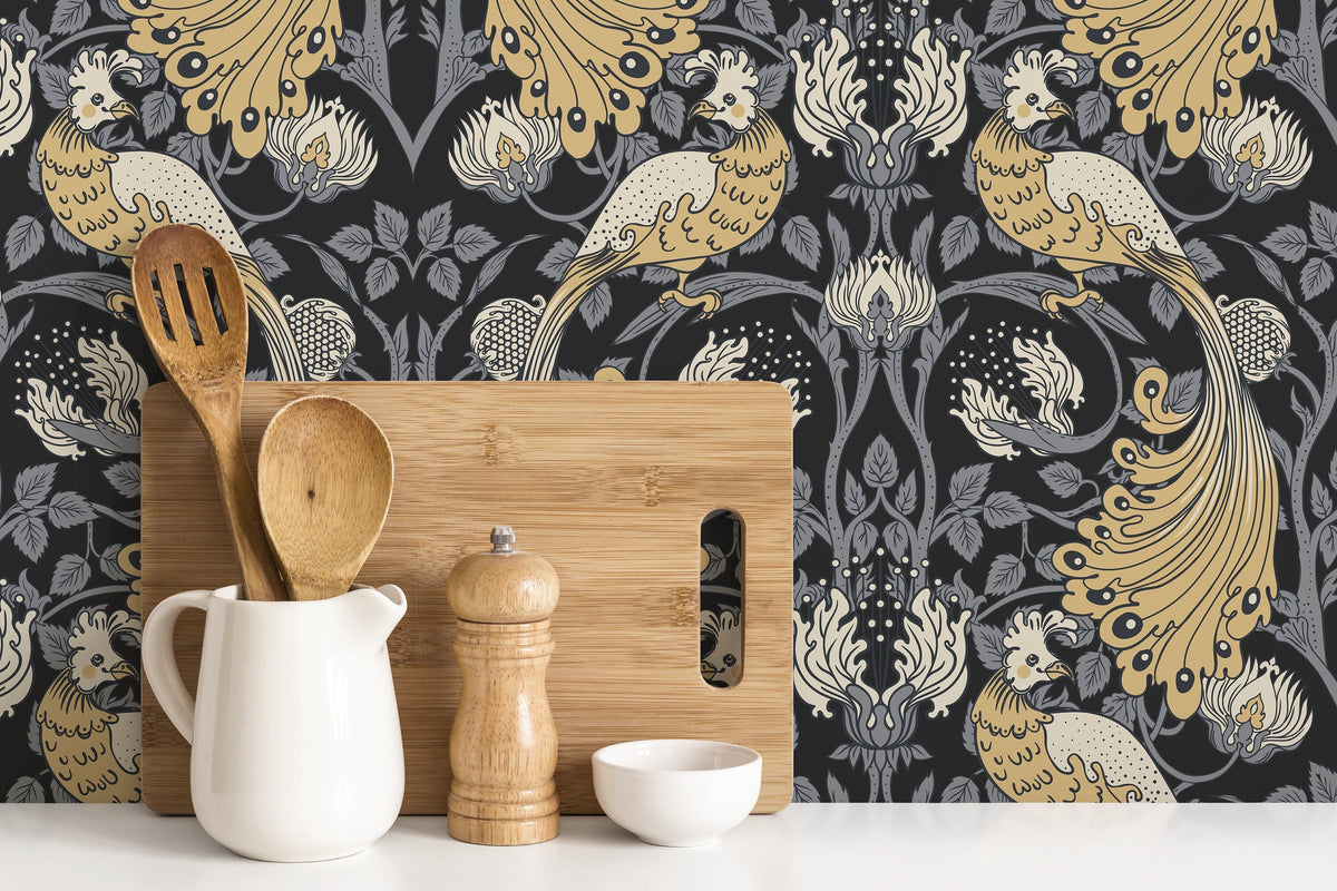 Gray and Yellow Art Nouveau Wallpaper / Peel and Stick Wallpaper Removable Wallpaper Home Decor Wall Art Wall Decor Room Decor - D500
