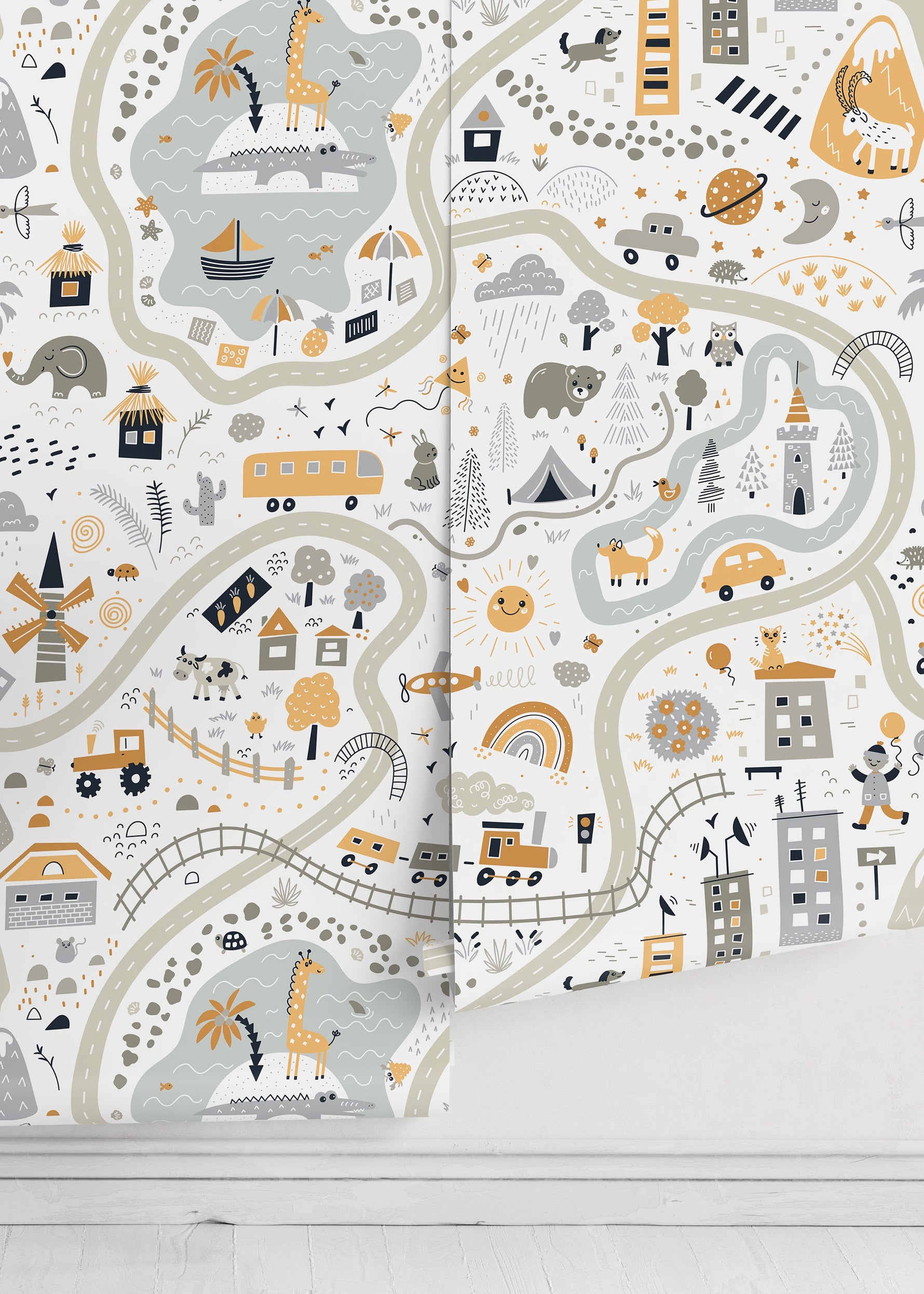Nursery Town Map Wallpaper / Peel and Stick Wallpaper Removable Wallpaper Home Decor Wall Art Wall Decor Room Decor - D505