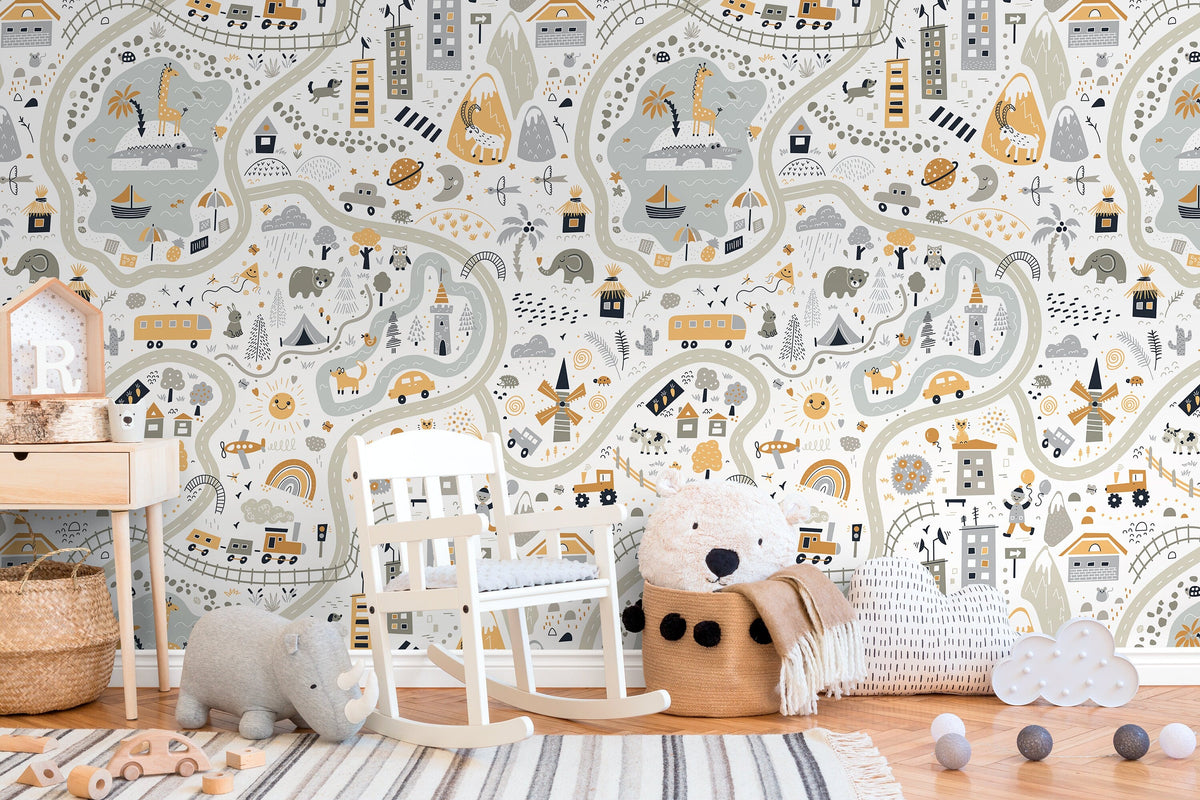 Nursery Town Map Wallpaper / Peel and Stick Wallpaper Removable Wallpaper Home Decor Wall Art Wall Decor Room Decor - D505