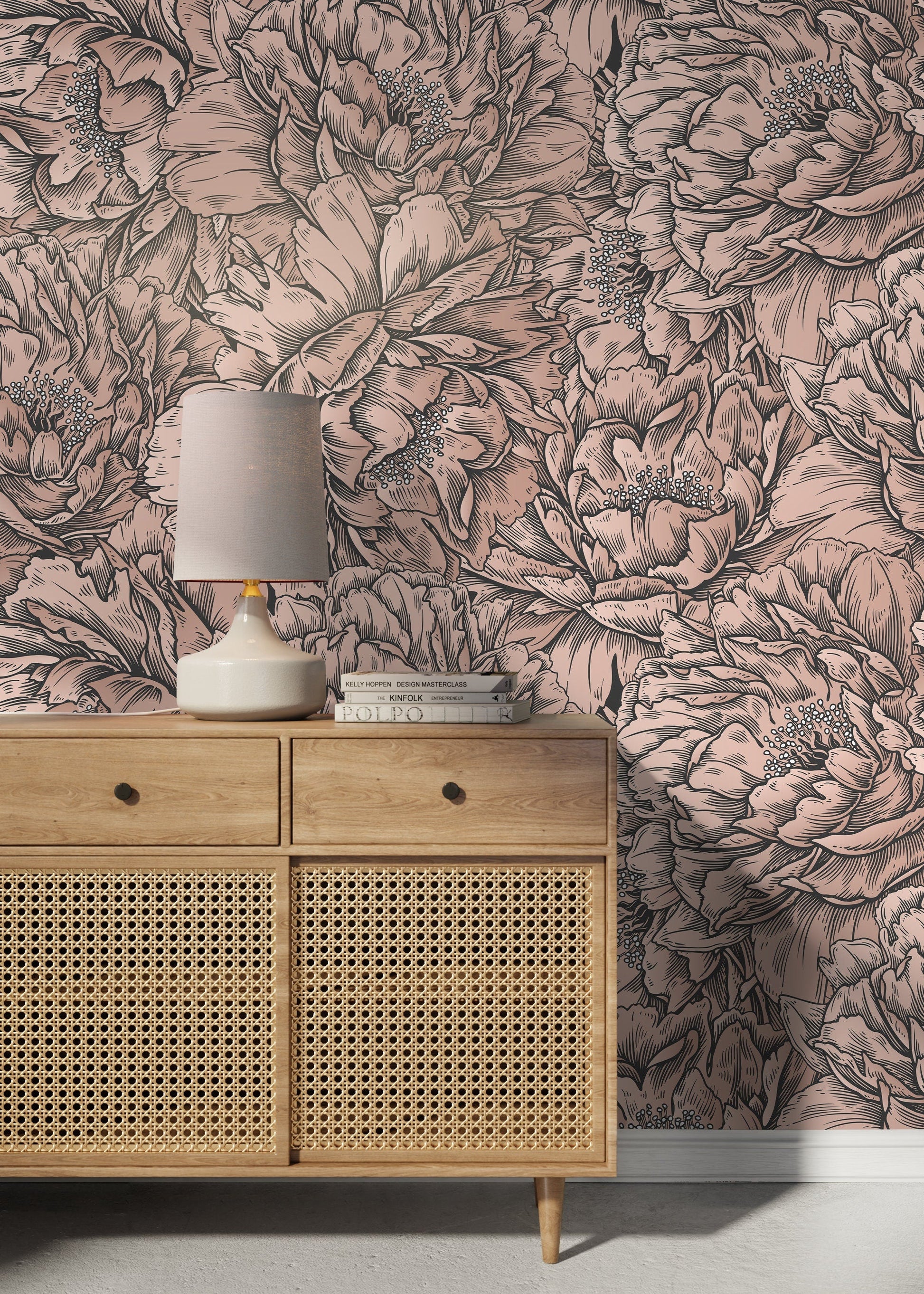 Pink Peony Wallpaper / Peel and Stick Wallpaper Removable Wallpaper Home Decor Wall Art Wall Decor Room Decor - D517