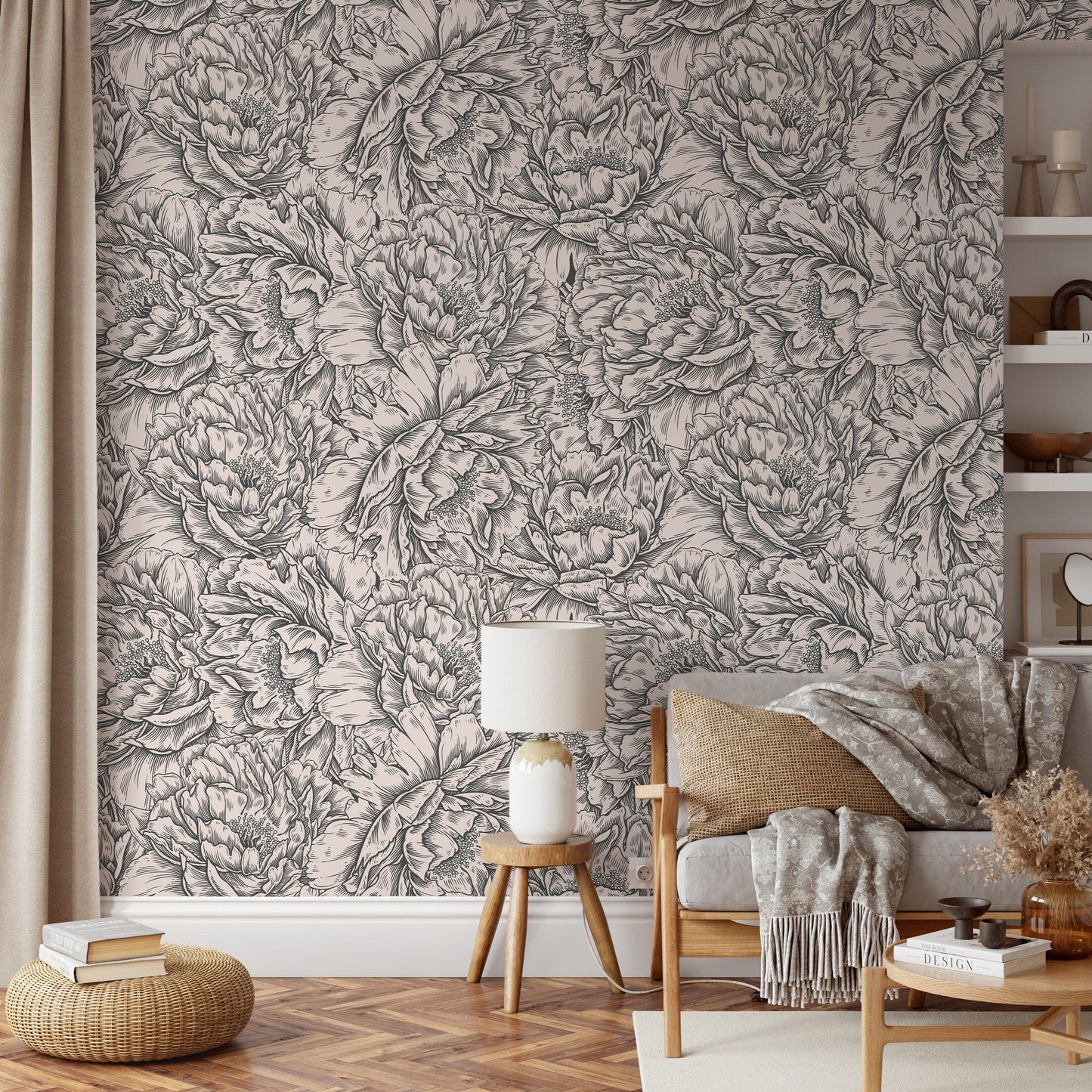 Gray Peony Wallpaper / Peel and Stick Wallpaper Removable Wallpaper Home Decor Wall Art Wall Decor Room Decor - D518