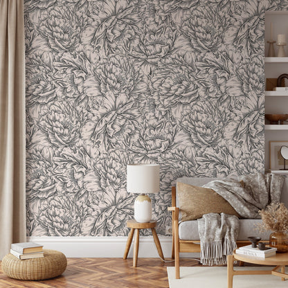 Gray Peony Wallpaper / Peel and Stick Wallpaper Removable Wallpaper Home Decor Wall Art Wall Decor Room Decor - D518