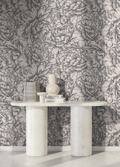 Gray Peony Wallpaper / Peel and Stick Wallpaper Removable Wallpaper Home Decor Wall Art Wall Decor Room Decor - D518