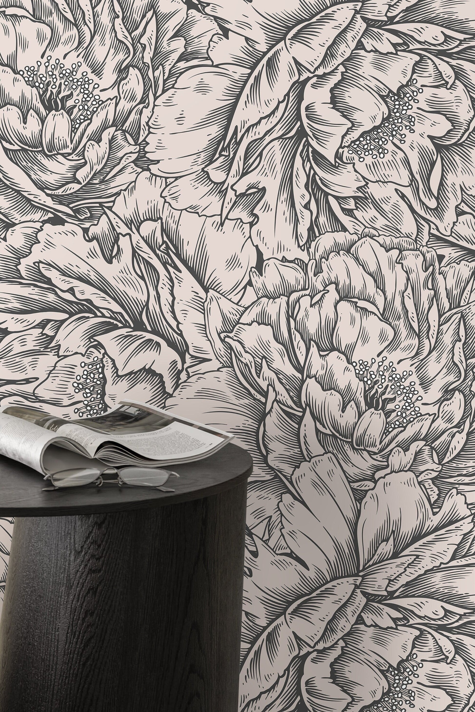 Gray Peony Wallpaper / Peel and Stick Wallpaper Removable Wallpaper Home Decor Wall Art Wall Decor Room Decor - D518