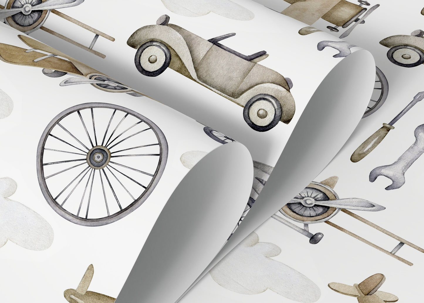 Neutral Airplanes and Cars Wallpaper / Peel and Stick Wallpaper Removable Wallpaper Home Decor Wall Art Wall Decor Room Decor - D528