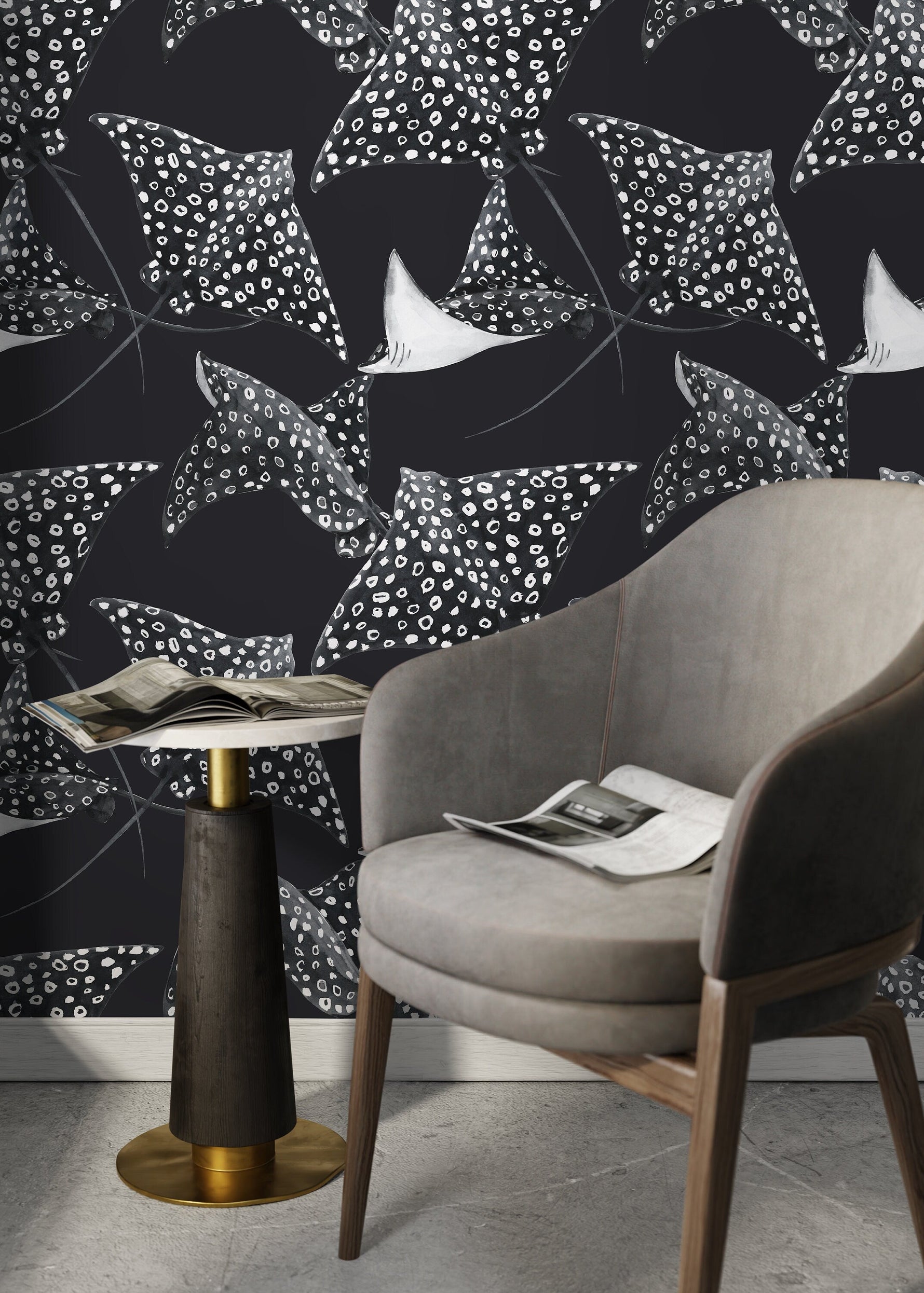 Black Stingray Wallpaper / Peel and Stick Wallpaper Removable Wallpaper Home Decor Wall Art Wall Decor Room Decor - D543