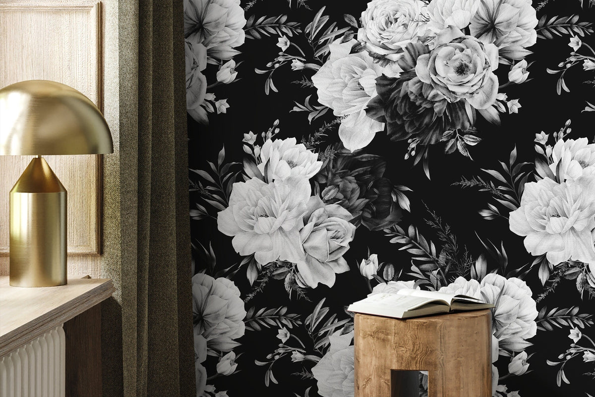 Dark Roses Wallpaper / Peel and Stick Wallpaper Removable Wallpaper Home Decor Wall Art Wall Decor Room Decor - D544