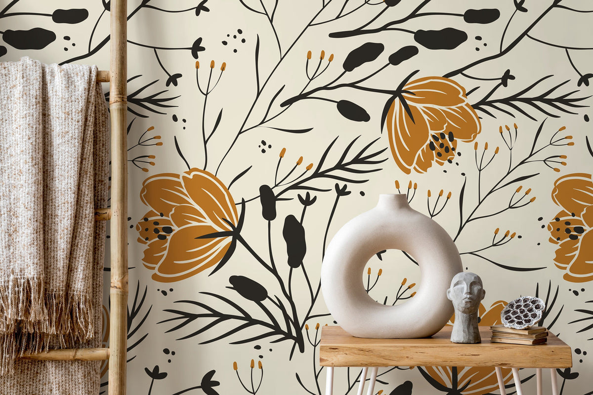 Floral Boho Wallpaper / Peel and Stick Wallpaper Removable Wallpaper Home Decor Wall Art Wall Decor Room Decor - D150