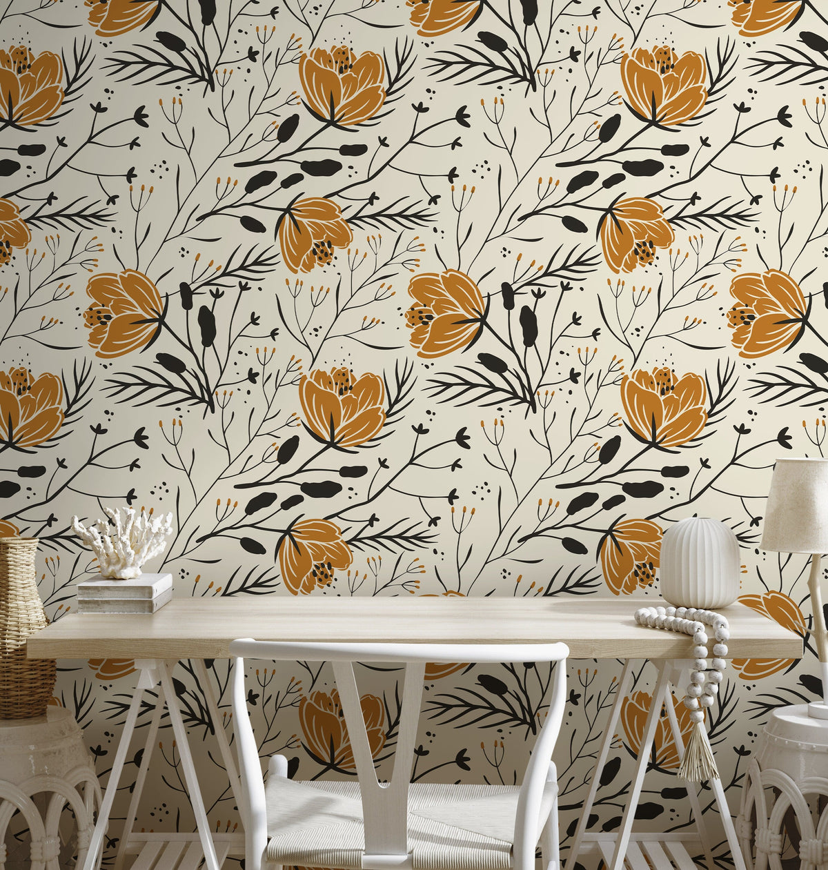 Floral Boho Wallpaper / Peel and Stick Wallpaper Removable Wallpaper Home Decor Wall Art Wall Decor Room Decor - D150