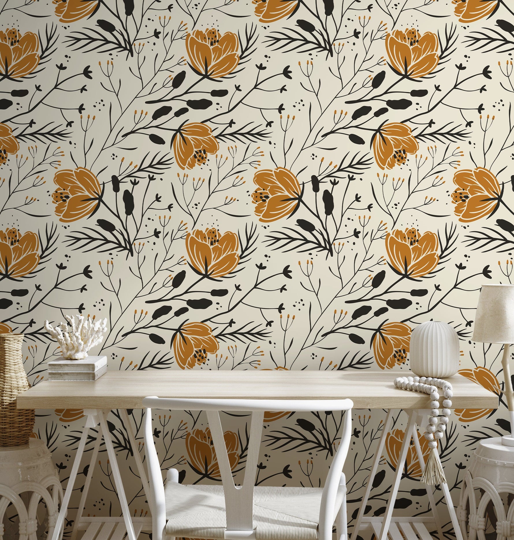 Floral Boho Wallpaper / Peel and Stick Wallpaper Removable Wallpaper Home Decor Wall Art Wall Decor Room Decor - D150