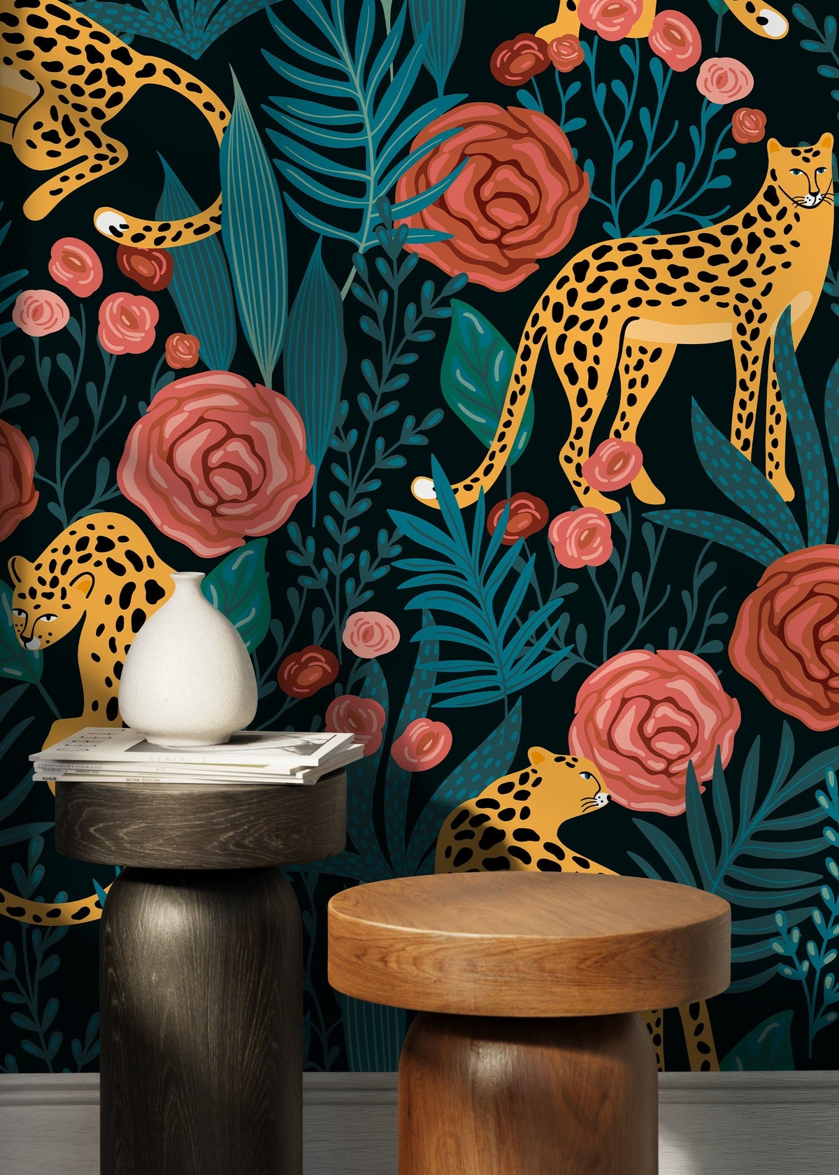 Tiger and Roses Garden Wallpaper / Peel and Stick Wallpaper Removable Wallpaper Home Decor Wall Art Wall Decor Room Decor - D155