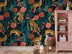 Tiger and Roses Garden Wallpaper / Peel and Stick Wallpaper Removable Wallpaper Home Decor Wall Art Wall Decor Room Decor - D155