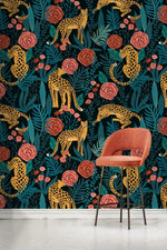 Tiger and Roses Garden Wallpaper / Peel and Stick Wallpaper Removable Wallpaper Home Decor Wall Art Wall Decor Room Decor - D155
