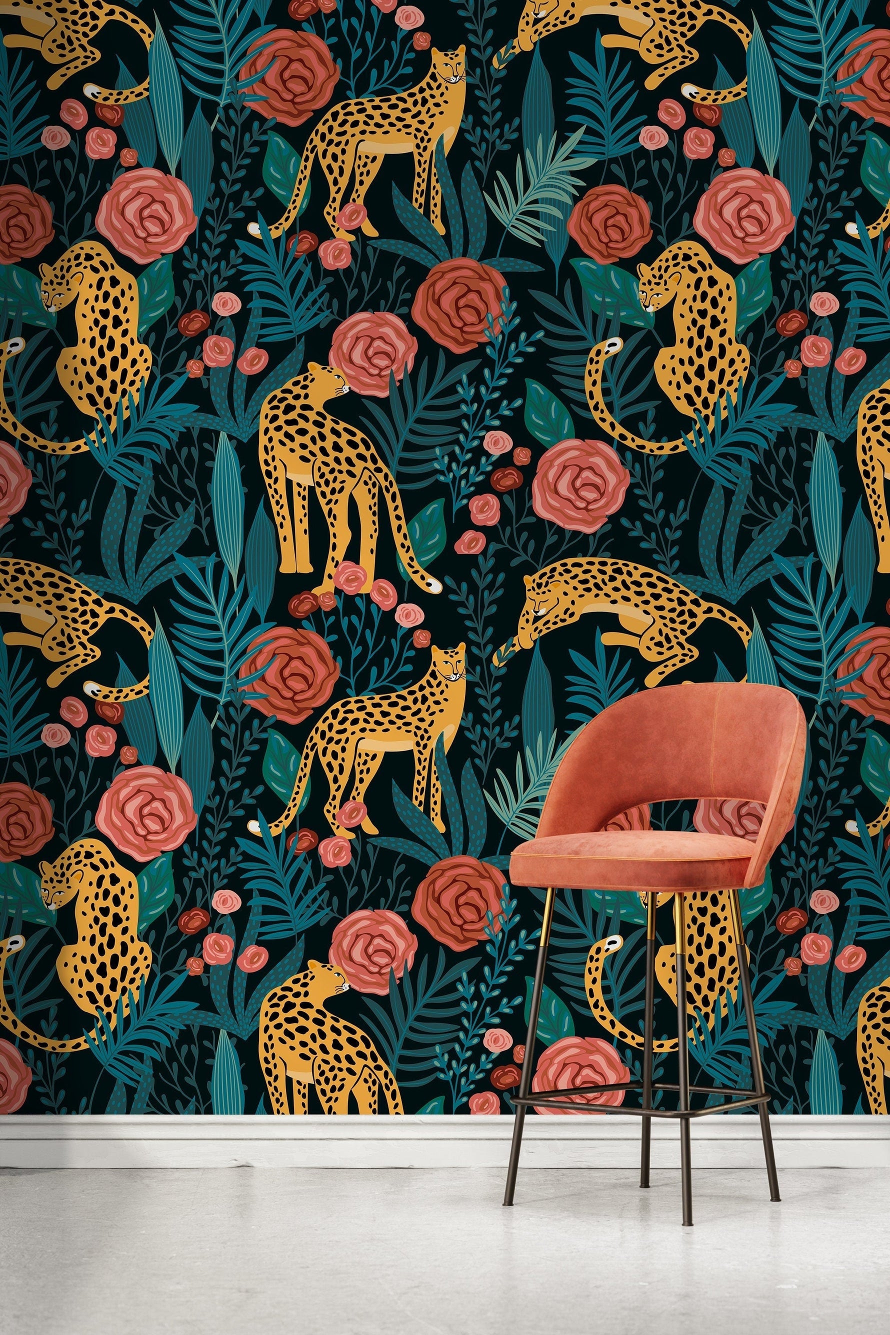 Tiger and Roses Garden Wallpaper / Peel and Stick Wallpaper Removable Wallpaper Home Decor Wall Art Wall Decor Room Decor - D155