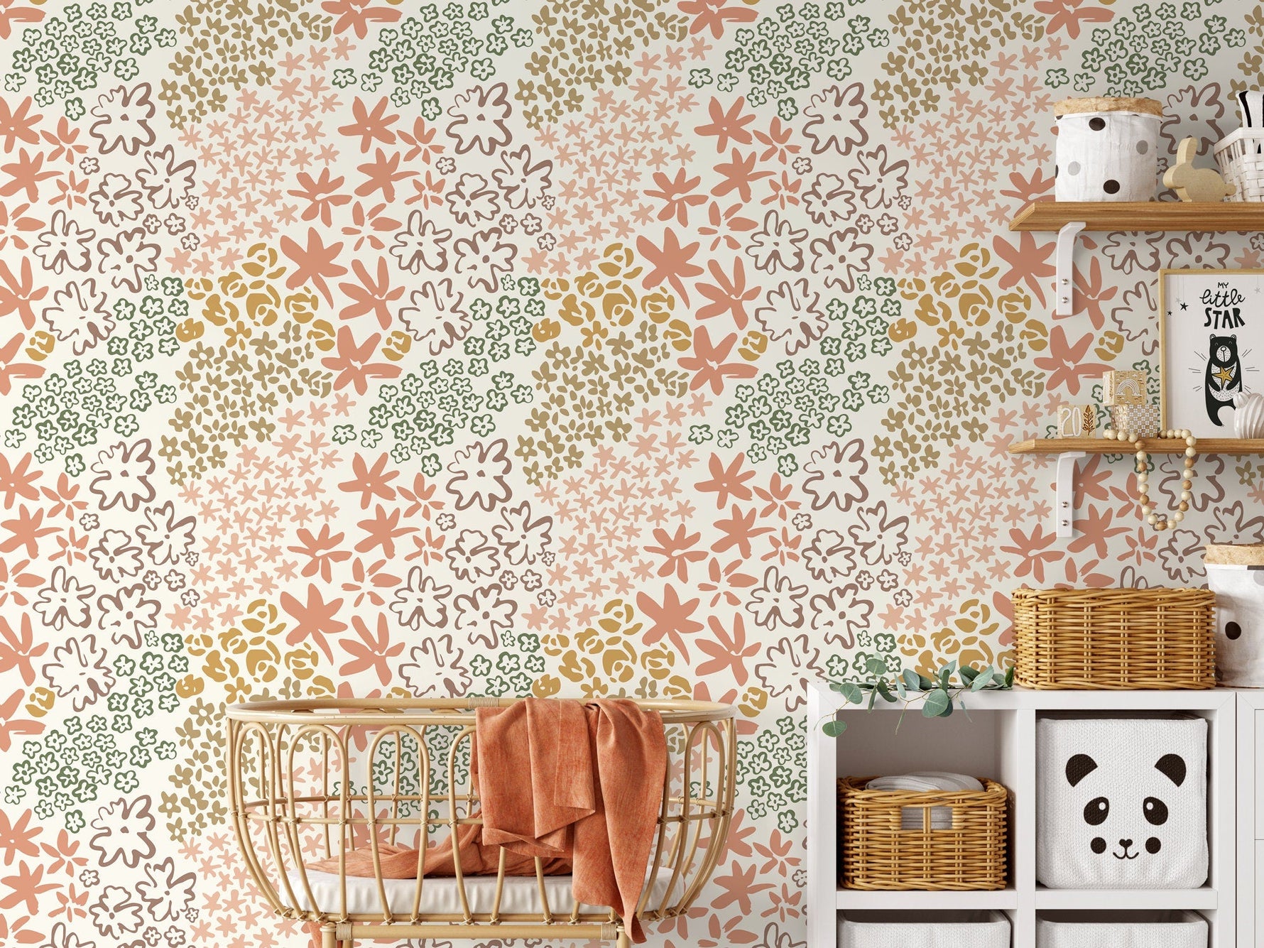 Cute Floral Hand Drawing Wallpaper / Peel and Stick Wallpaper Removable Wallpaper Home Decor Wall Art Wall Decor Room Decor - D166