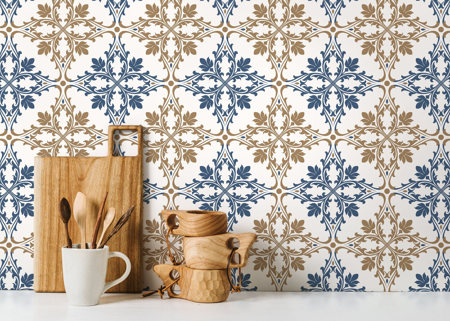 Blue and Beige Tile Wallpaper / Peel and Stick Wallpaper Removable Wallpaper Home Decor Wall Art Wall Decor Room Decor - D169