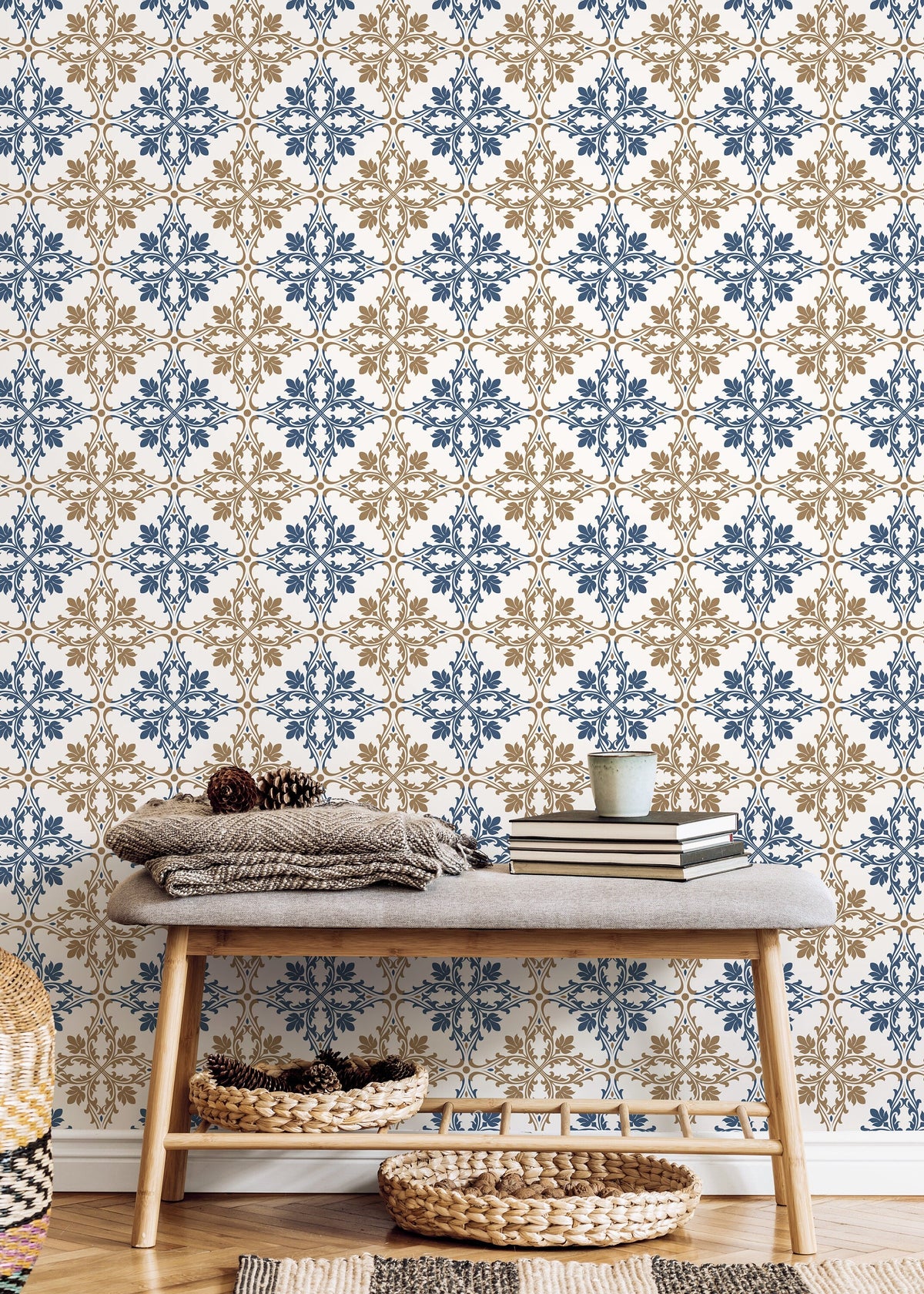Blue and Beige Tile Wallpaper / Peel and Stick Wallpaper Removable Wallpaper Home Decor Wall Art Wall Decor Room Decor - D169