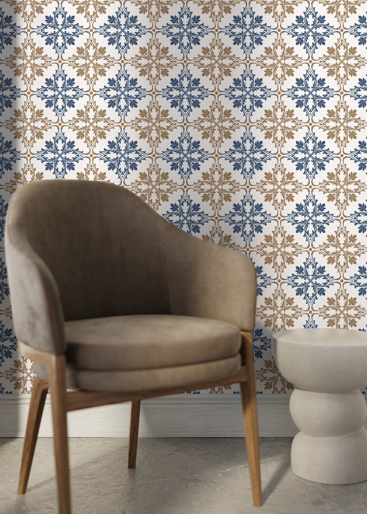 Blue and Beige Tile Wallpaper / Peel and Stick Wallpaper Removable Wallpaper Home Decor Wall Art Wall Decor Room Decor - D169