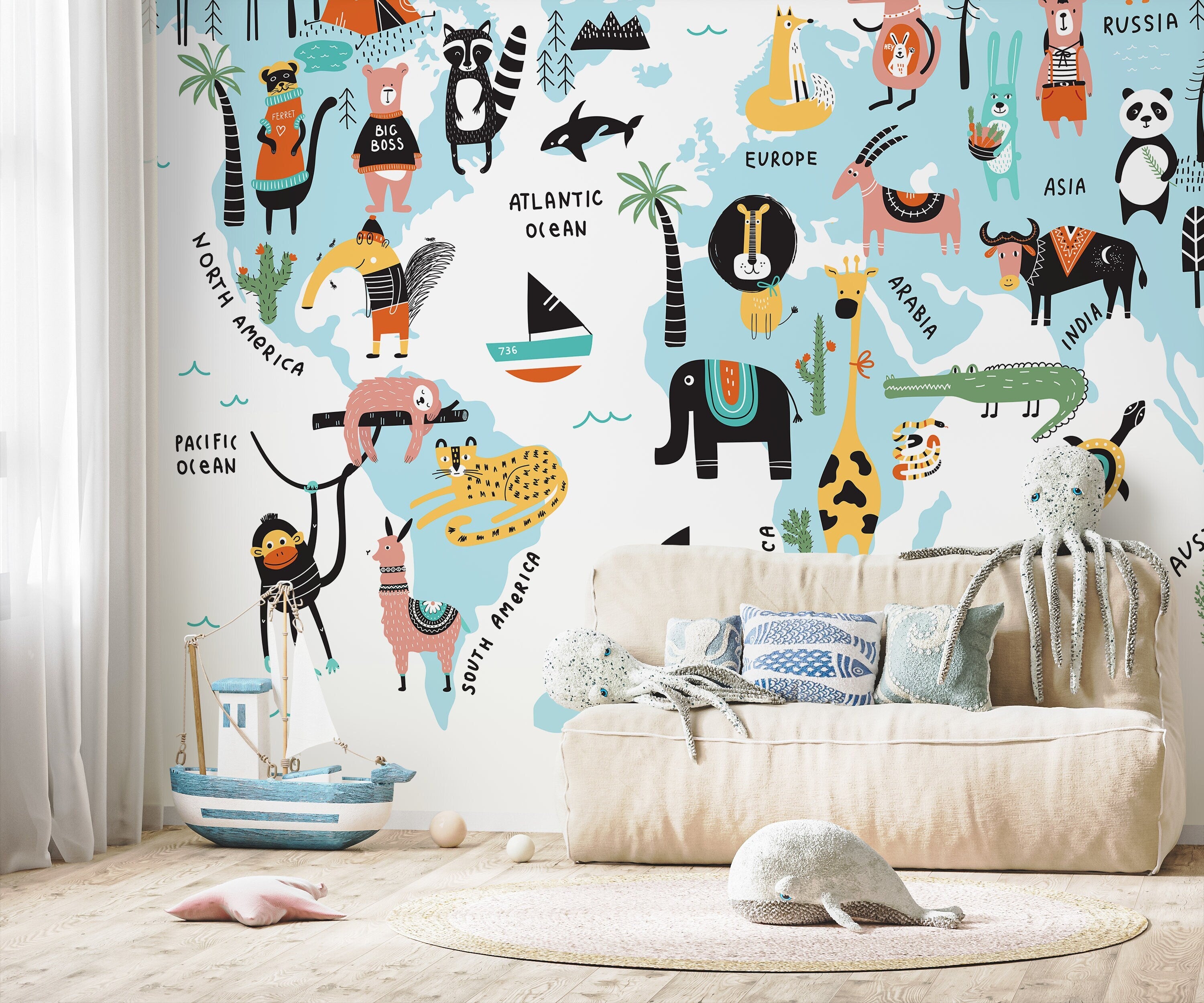 Animals World Map Wallpaper / Peel and Stick Wallpaper Removable Wallp 