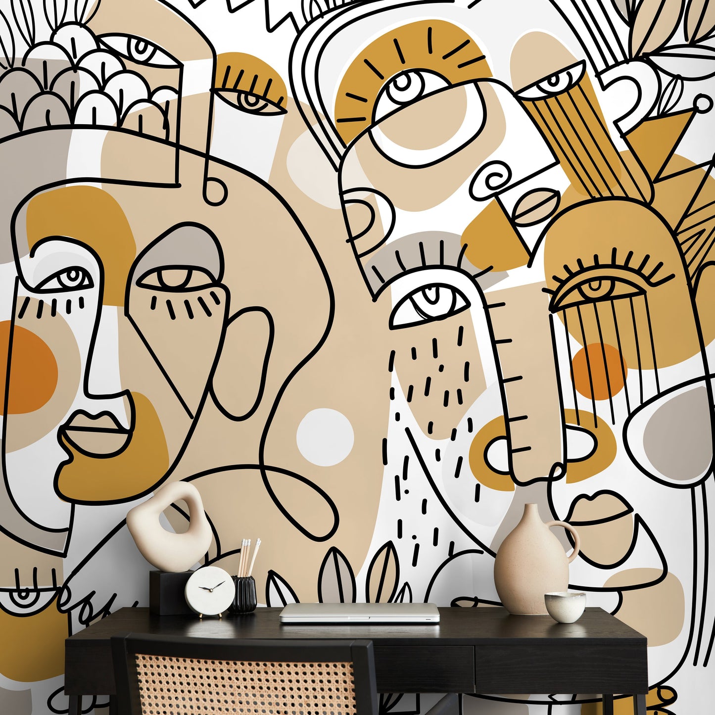 Beige Line Art Faces Wallpaper Abstract Mural Peel and Stick Wallpaper Home Decor - D554