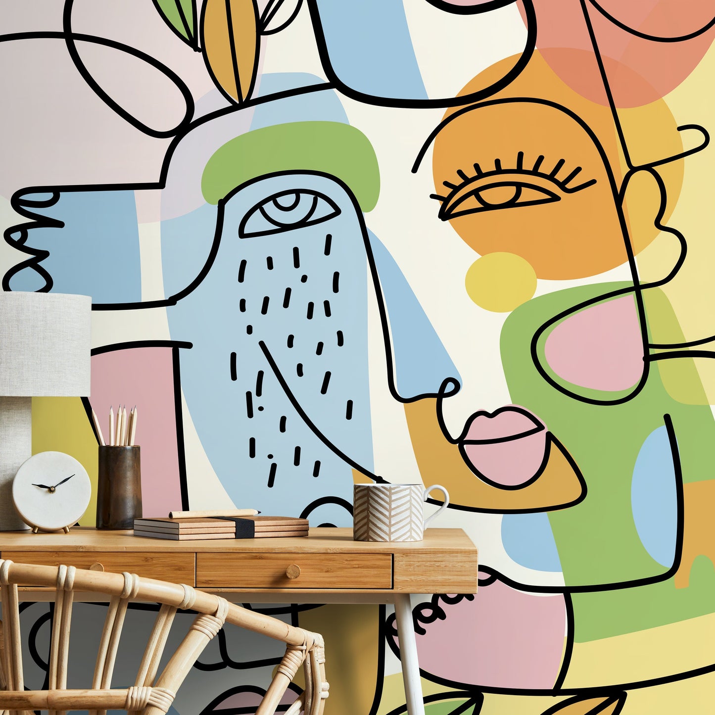 Abstract Line Art Faces Wallpaper Modern Mural Peel and Stick Wallpaper Home Decor - D557