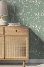 Green Face Art Line Wallpaper / Peel and Stick Wallpaper Removable Wallpaper Home Decor Wall Art Wall Decor Room Decor - D493