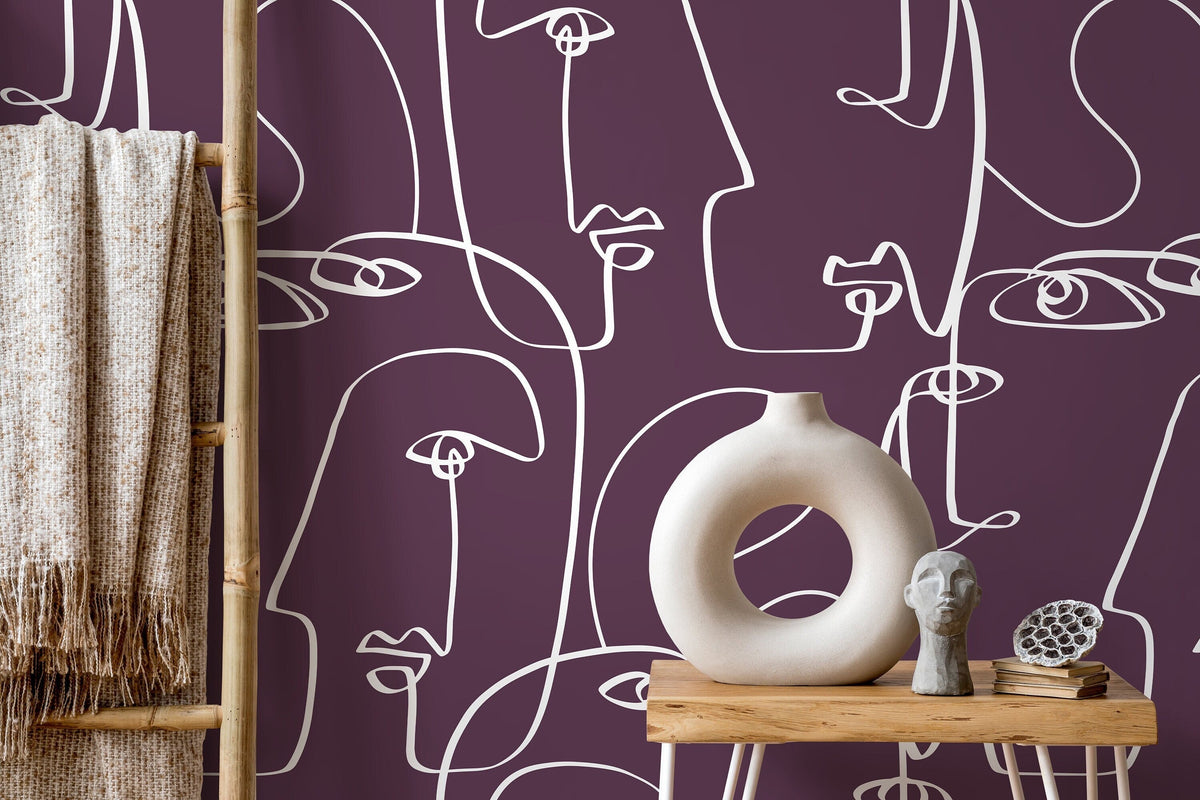 Purple Face Art Line Wallpaper / Peel and Stick Wallpaper Removable Wallpaper Home Decor Wall Art Wall Decor Room Decor - D495