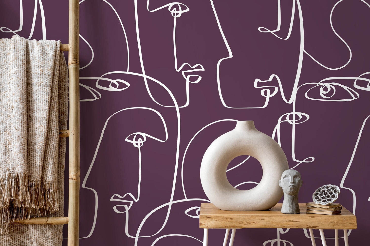 Purple Face Art Line Wallpaper / Peel and Stick Wallpaper Removable Wallpaper Home Decor Wall Art Wall Decor Room Decor - D495