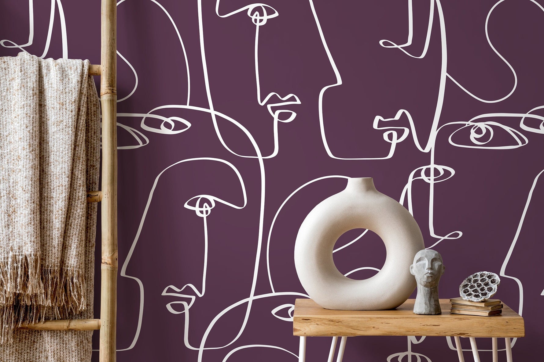 Purple Face Art Line Wallpaper / Peel and Stick Wallpaper Removable Wallpaper Home Decor Wall Art Wall Decor Room Decor - D495