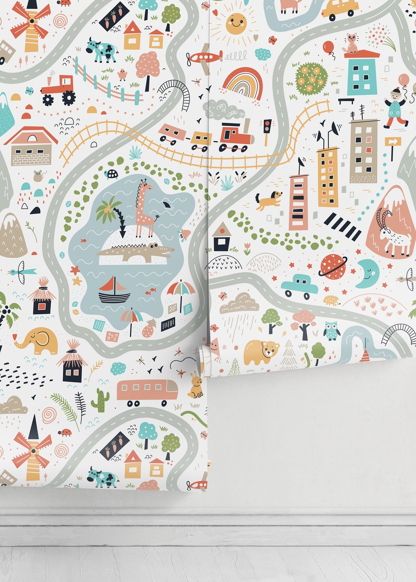 Colorful Town Map Wallpaper / Peel and Stick Wallpaper Removable Wallpaper Home Decor Wall Art Wall Decor Room Decor - D504
