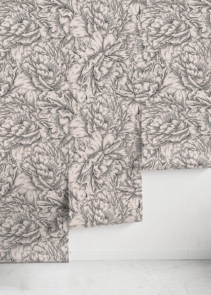 Gray Peony Wallpaper / Peel and Stick Wallpaper Removable Wallpaper Home Decor Wall Art Wall Decor Room Decor - D518