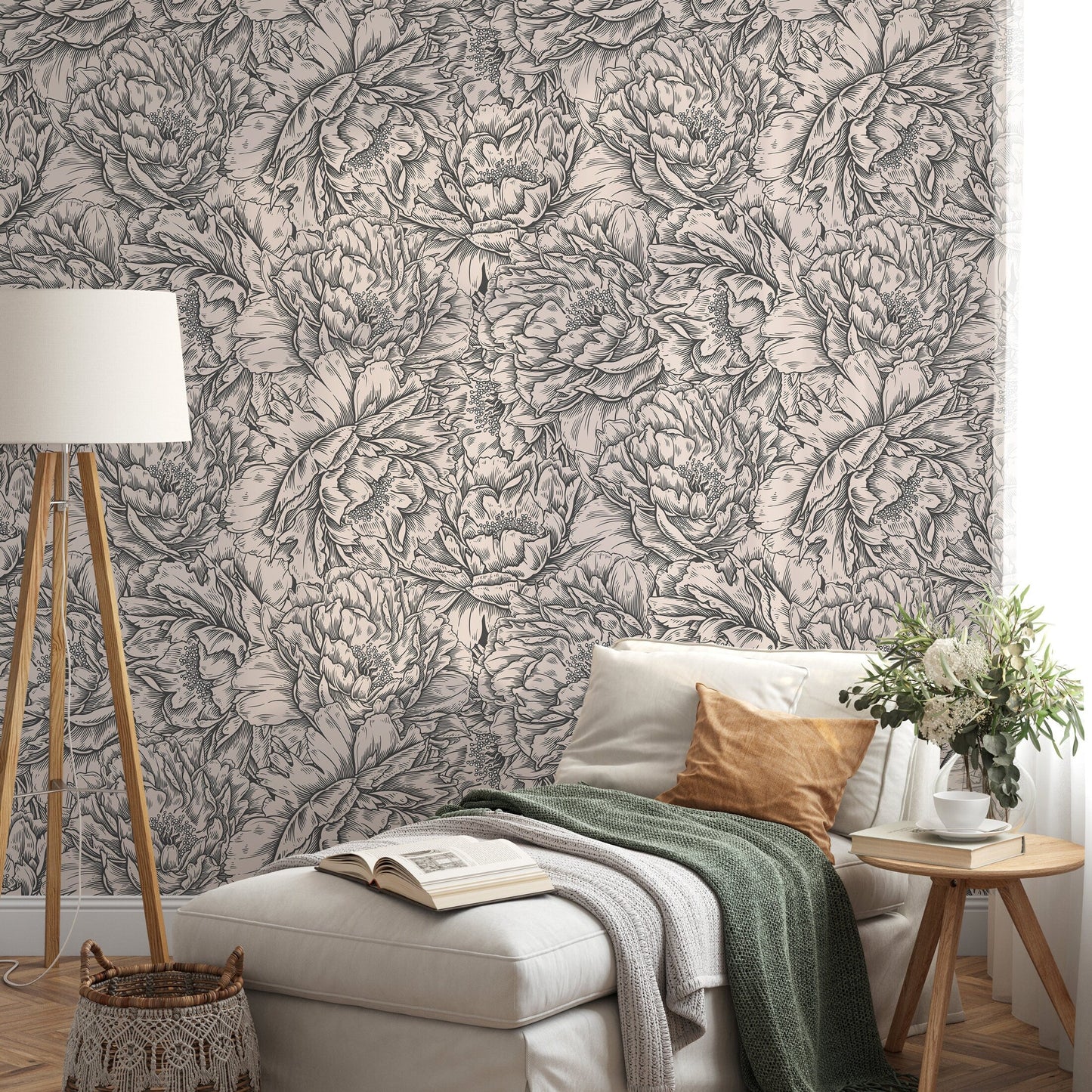 Gray Peony Wallpaper / Peel and Stick Wallpaper Removable Wallpaper Home Decor Wall Art Wall Decor Room Decor - D518