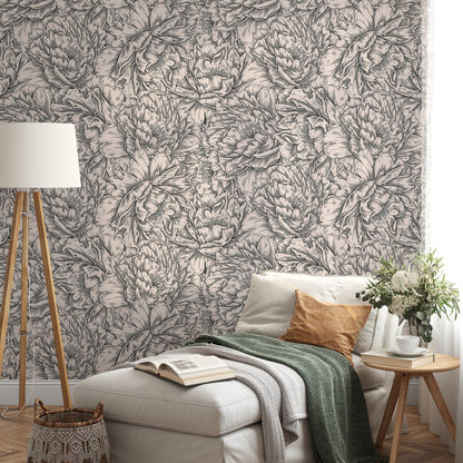 Gray Peony Wallpaper / Peel and Stick Wallpaper Removable Wallpaper Home Decor Wall Art Wall Decor Room Decor - D518