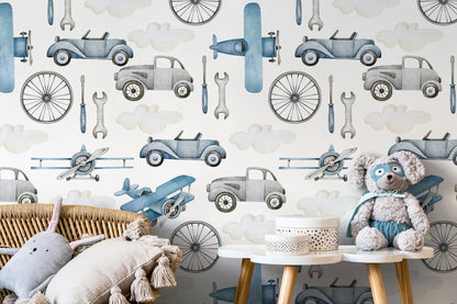 Airplanes and Cars Wallpaper / Peel and Stick Wallpaper Removable Wallpaper Home Decor Wall Art Wall Decor Room Decor - D527