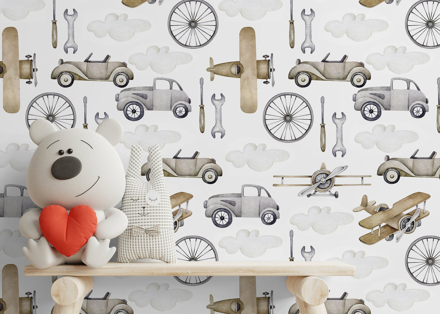Neutral Airplanes and Cars Wallpaper / Peel and Stick Wallpaper Removable Wallpaper Home Decor Wall Art Wall Decor Room Decor - D528