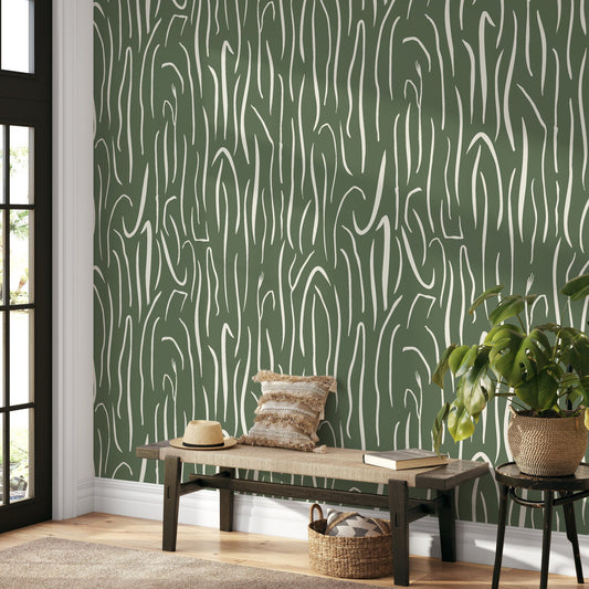 Green Abstract Leaf Wallpaper Boho Wallpaper Peel and Stick and Traditional Wallpaper - D619