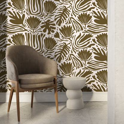 Olive Green Floral Abstract Wallpaper Modern Wallpaper Peel and Stick and Traditional Wallpaper - D661