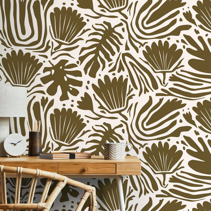 Olive Green Floral Abstract Wallpaper Modern Wallpaper Peel and Stick and Traditional Wallpaper - D661