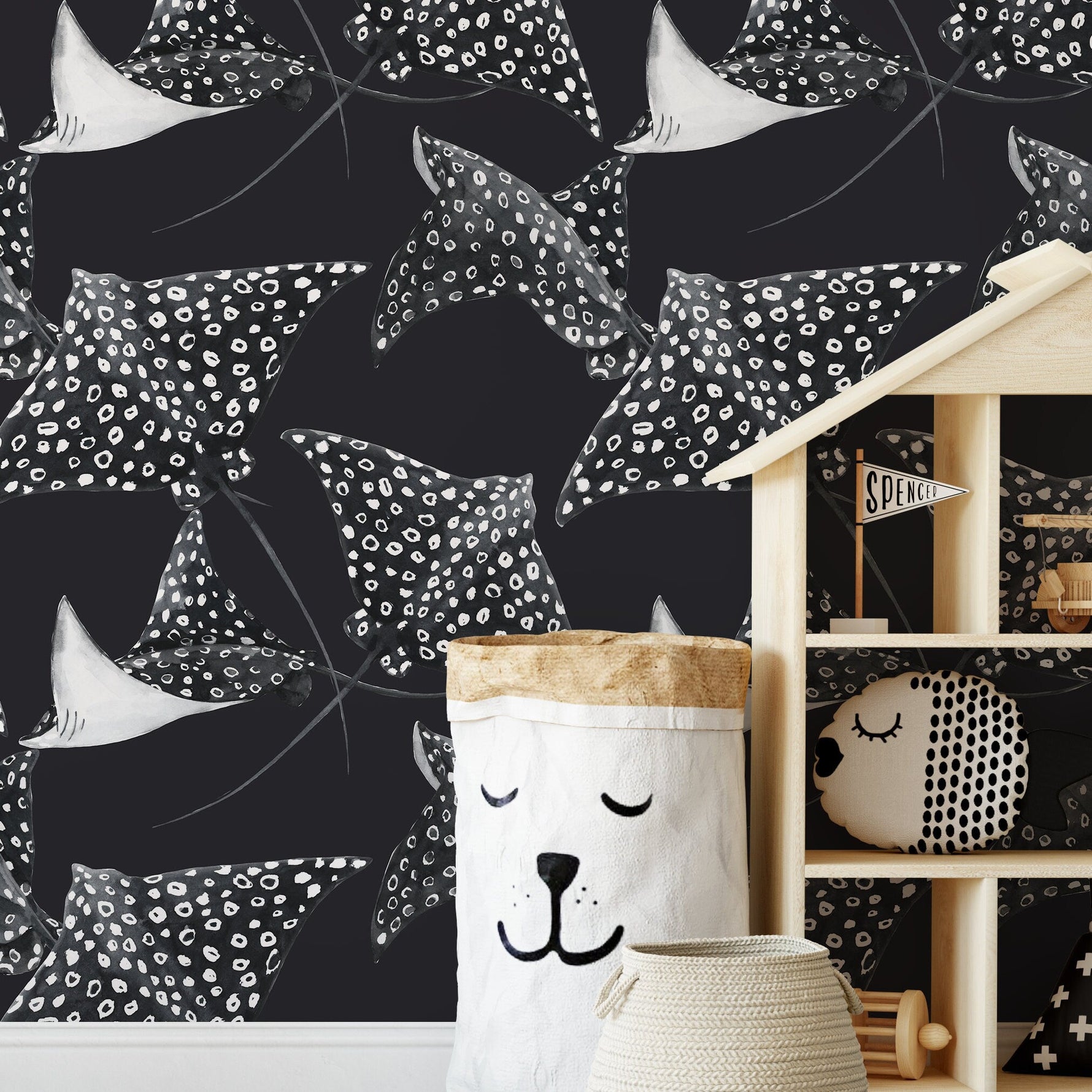 Black Stingray Wallpaper / Peel and Stick Wallpaper Removable Wallpaper Home Decor Wall Art Wall Decor Room Decor - D543