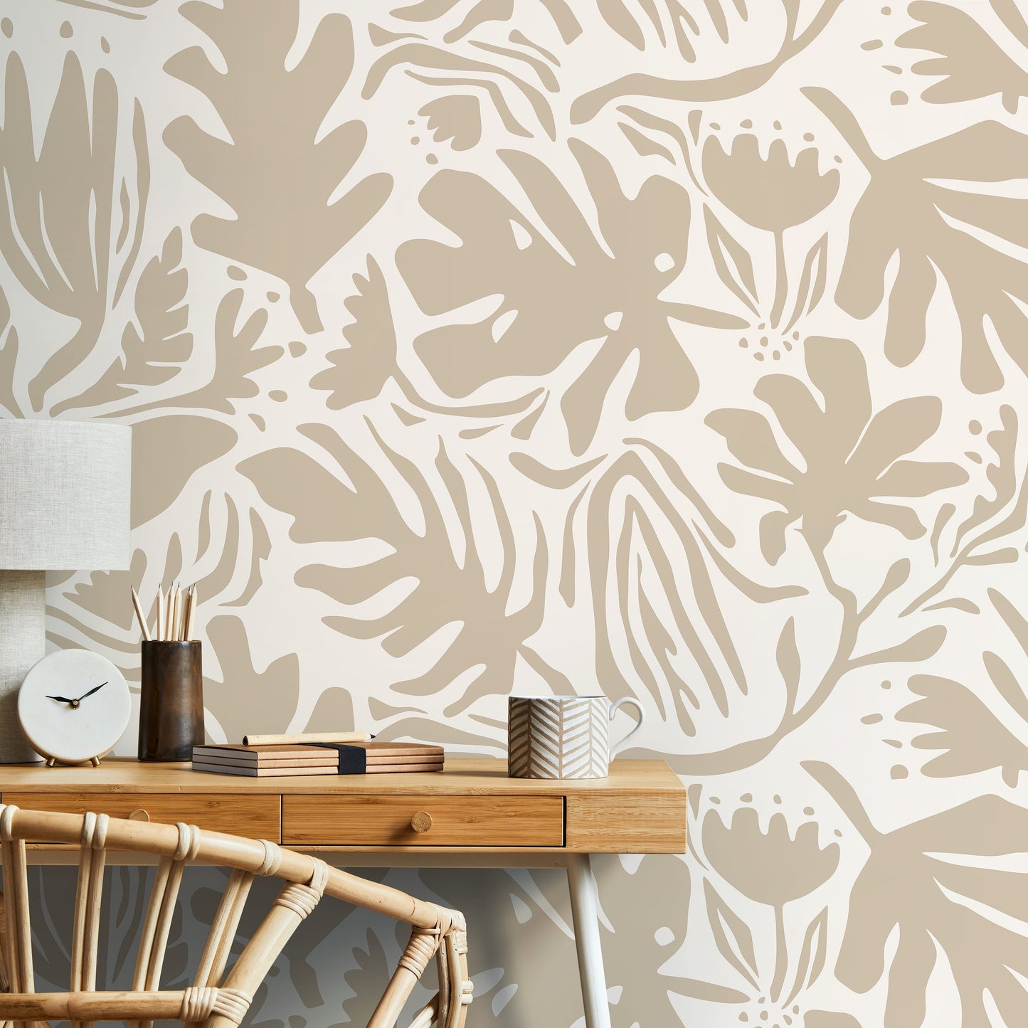 Neutral Leaf Abstract Wallpaper Boho Wallpaper Peel and Stick and Traditional Wallpaper - D665