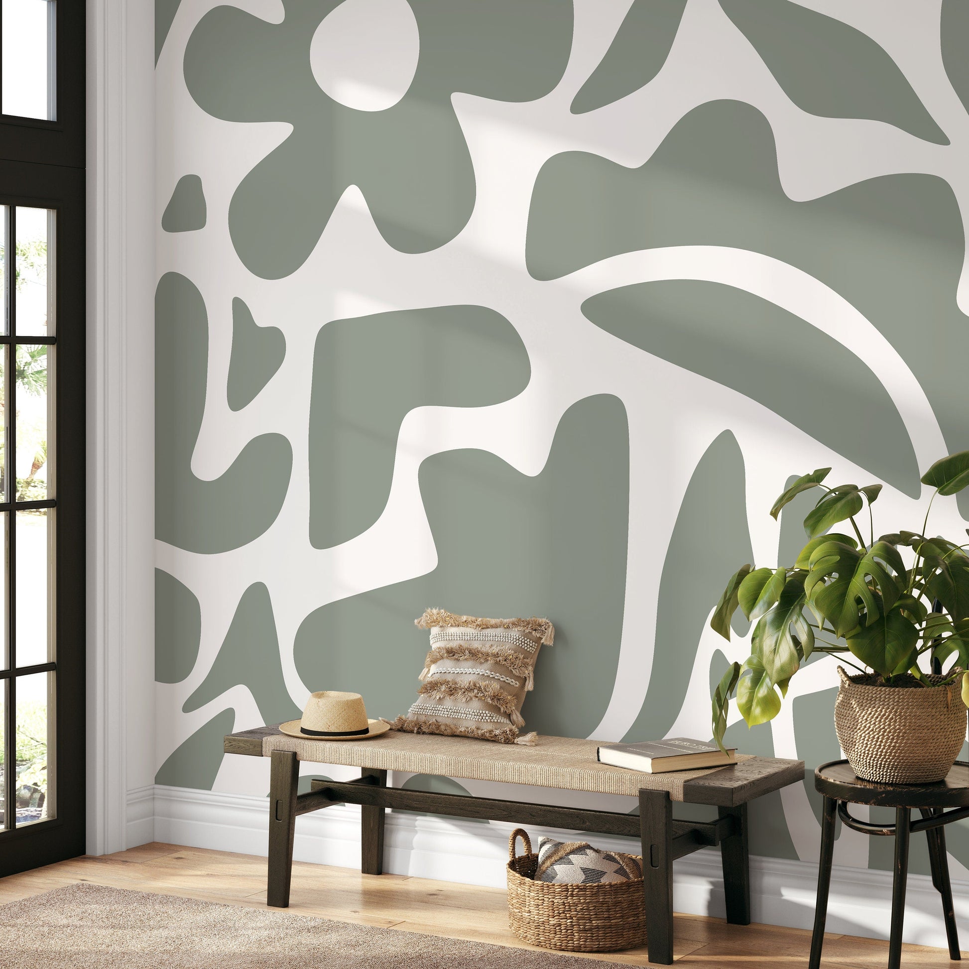Light Green Abstract Wallpaper Boho Floral Mural Peel and Stick and Traditional Wallpaper - D672
