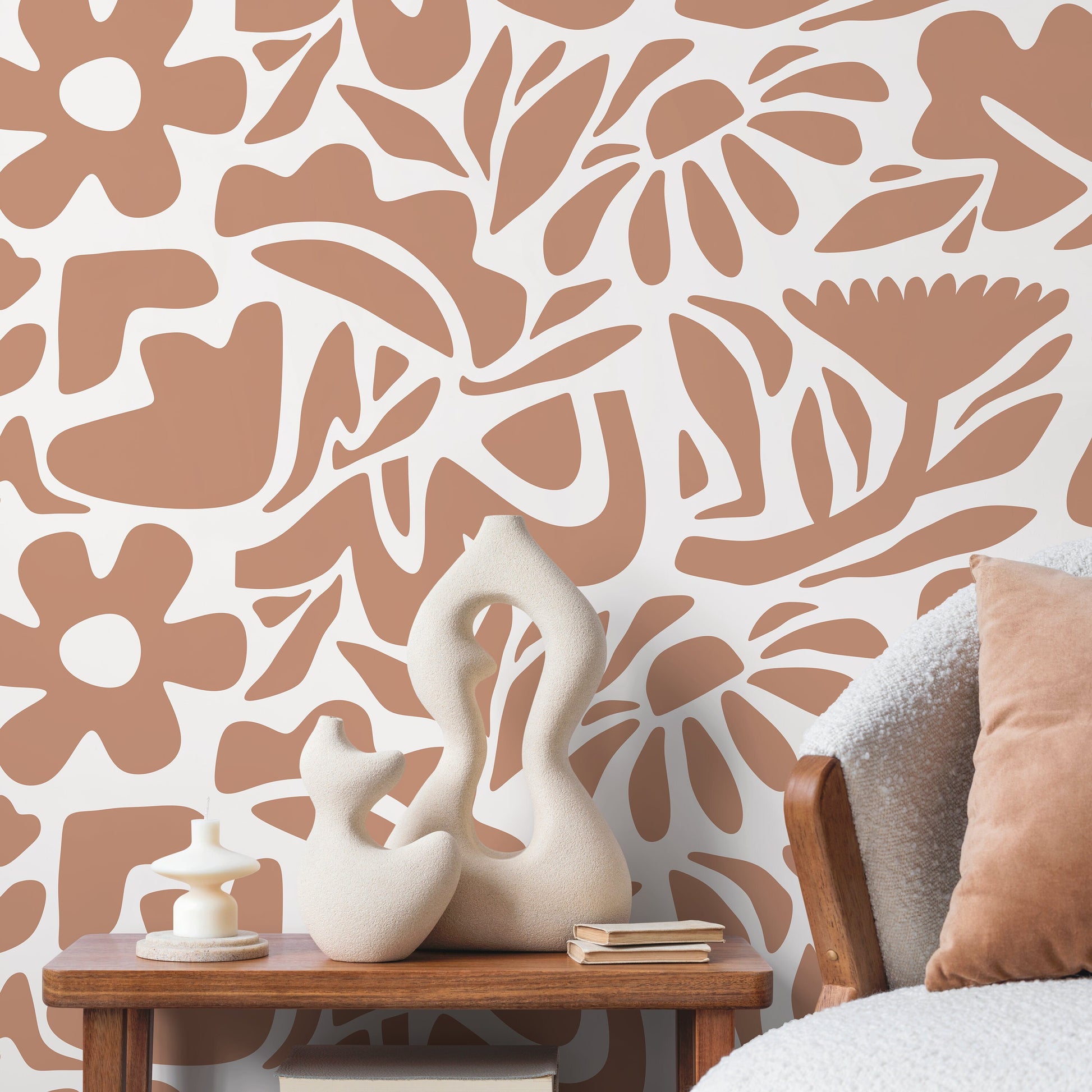 Orange Abstract Wallpaper Boho Floral Wallpaper Peel and Stick and Traditional Wallpaper - D674