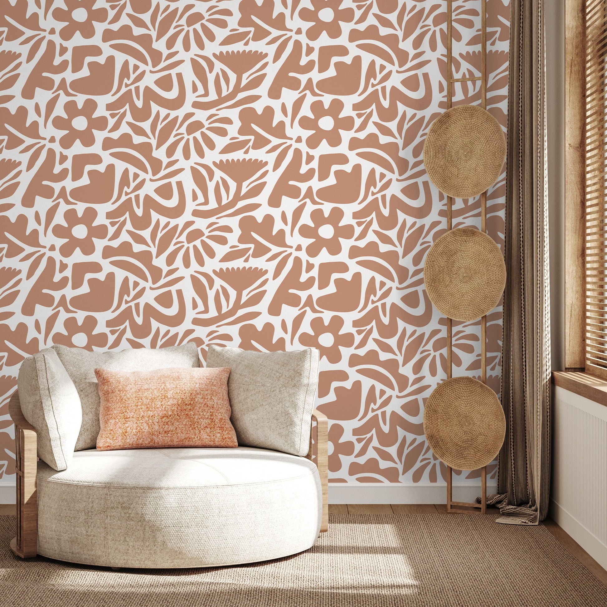 Orange Abstract Wallpaper Boho Floral Wallpaper Peel and Stick and Traditional Wallpaper - D674