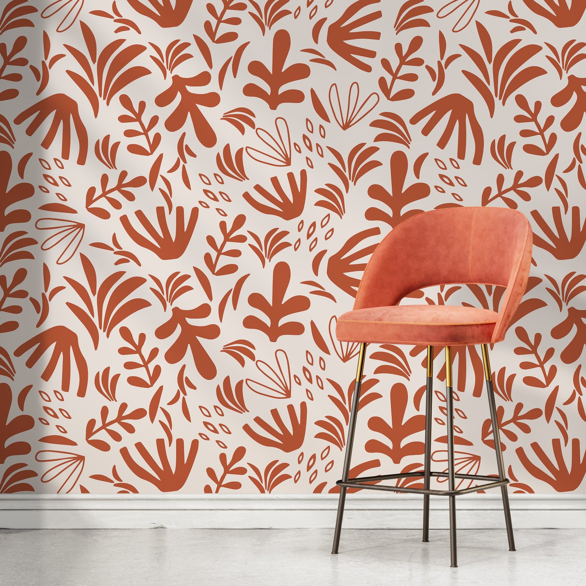 Orange Abstract Garden Wallpaper Boho Wallpaper Peel and Stick and Traditional Wallpaper - D677