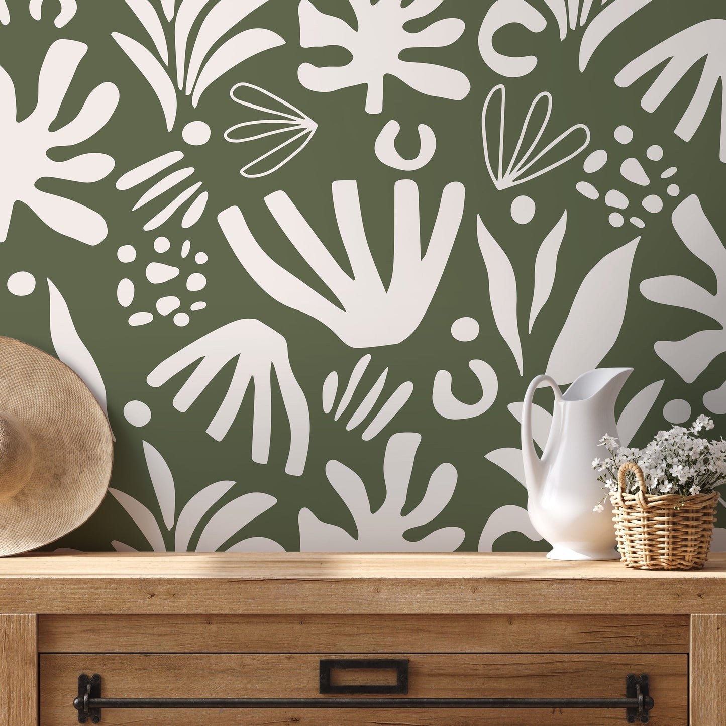 Green Abstract Garden Wallpaper Boho Wallpaper Peel and Stick and Traditional Wallpaper - D680