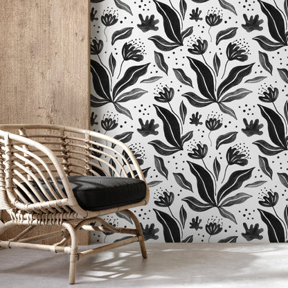 Black Floral Hand Painted Wallpaper / Peel and Stick Wallpaper Removable Wallpaper Home Decor Wall Art Wall Decor Room Decor -C766